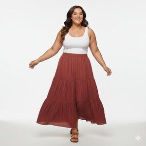 NWT Nine West Tiered Maxi Skirt | Rust Terracotta Boho Chic | Plus Size 3X